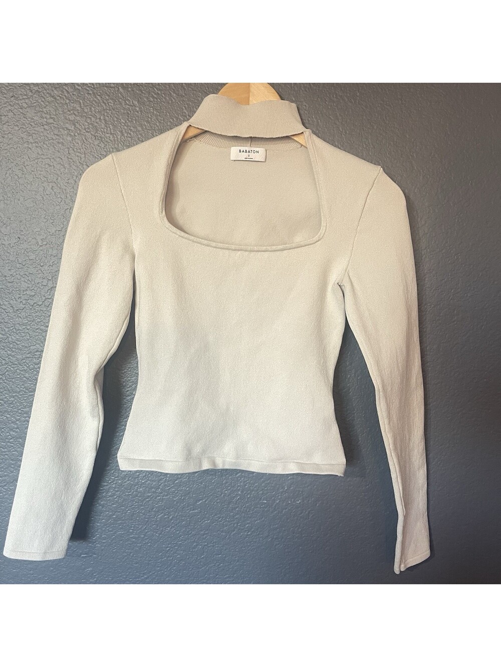 Babaton Aritzia Sz S Cream Beige Cutout Mock Neck Ribbed Knit Top Contour Sculpt